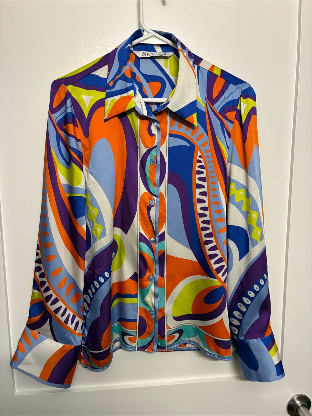 Zara Abstract Paisley Print Satin Button Down Blouse Blue Orange Purple S